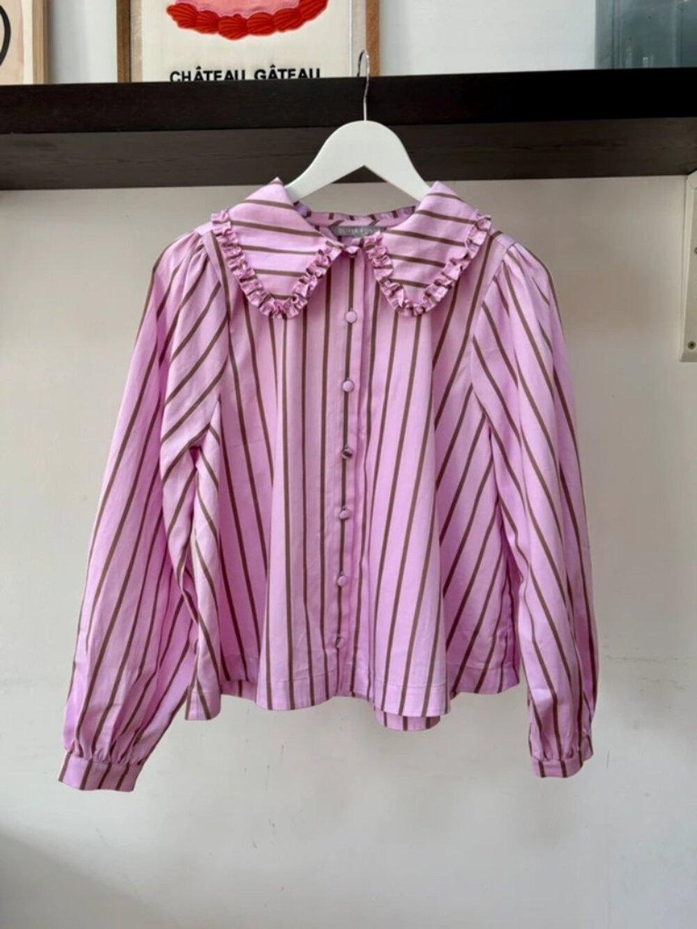 Light Pink & Brown Striped Cotton Collar Blouse